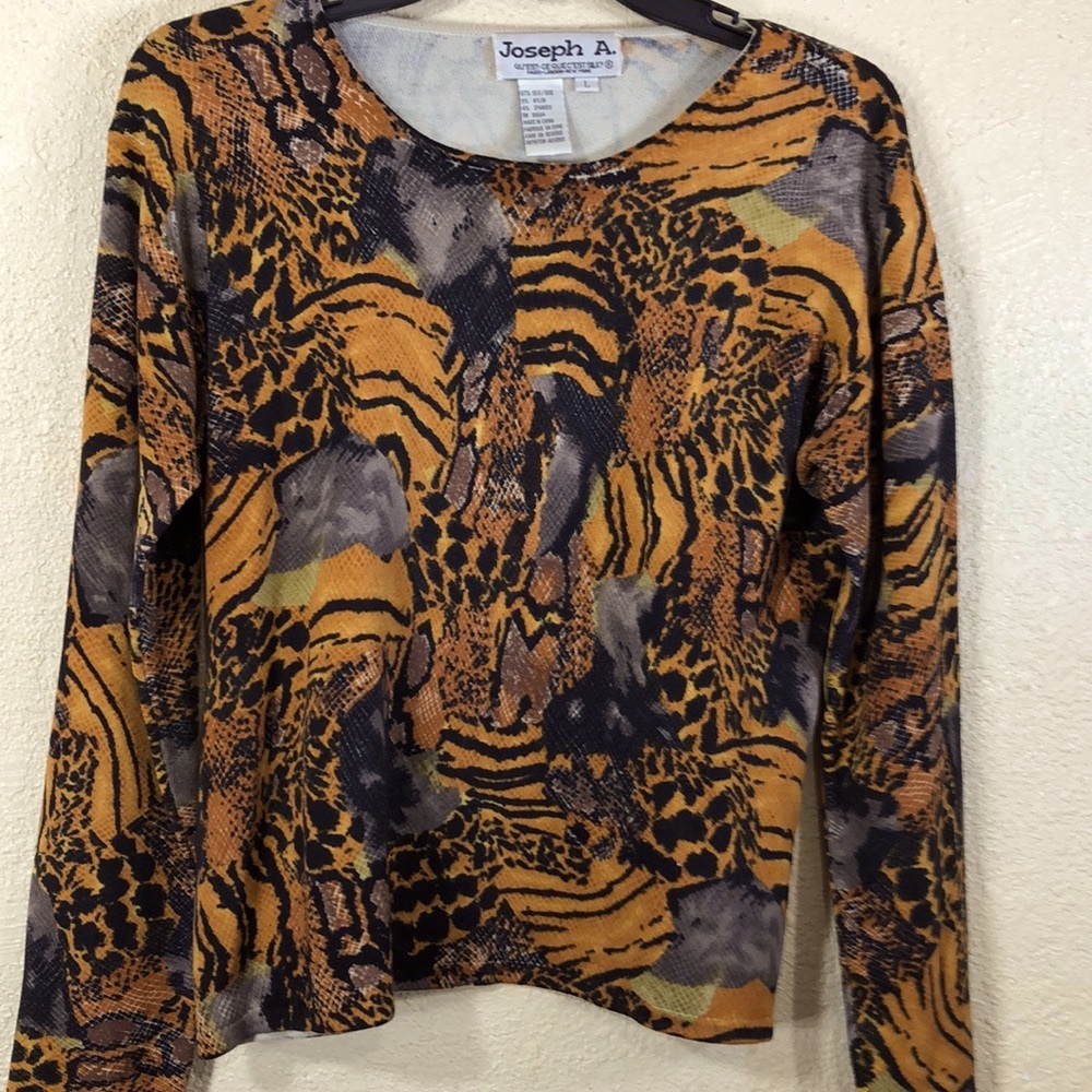 Joseph A Top Blouse Animal Print Black Brown L 87% Silk Pullover Long Sleeve